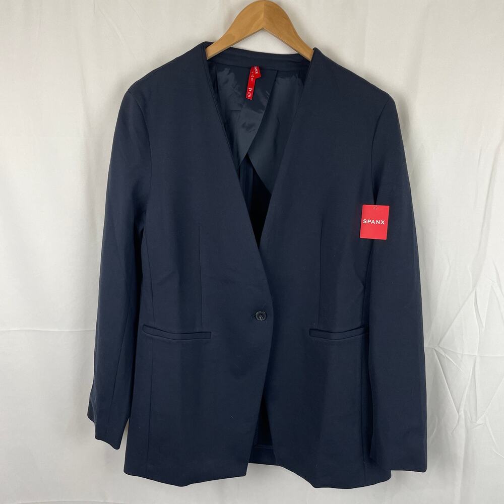 Spanx Women's Perfect Collarless Blazer Oversized Navy Blue Ponte Knit Size M